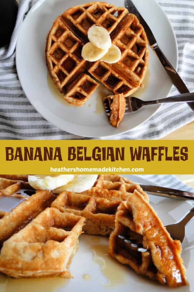 Top view of Banana Belgian Waffles on white plate with bite on fork with close up of bite. 