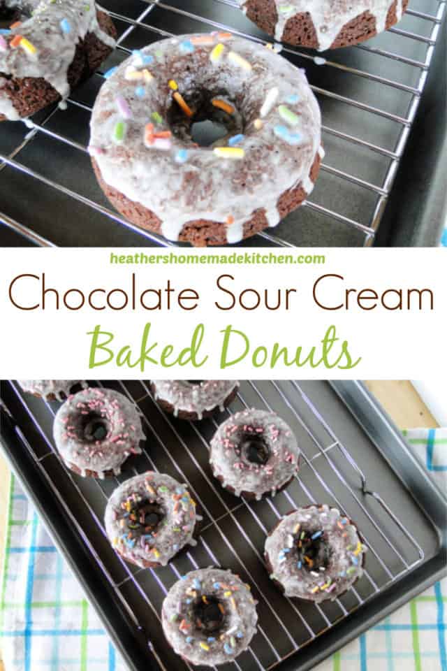 Top view and close up view of Chocolate Sour Cream Baked Donuts.