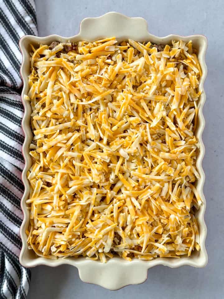 Completely assembled mexican lasagna.