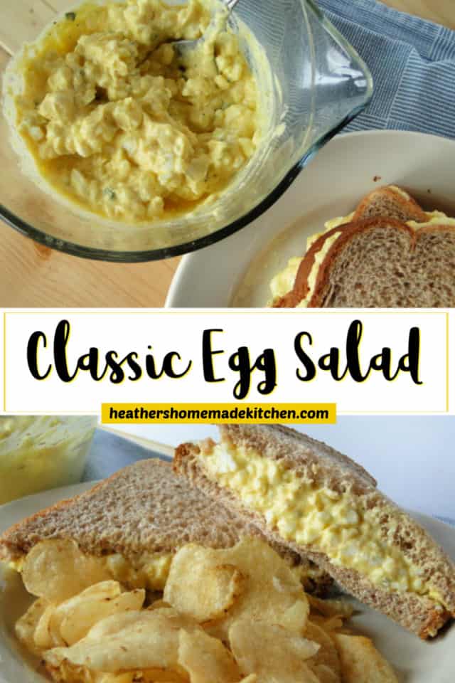 Classic Egg Salad in clear bowl with spoon and in between bread on plate with potato chips. 