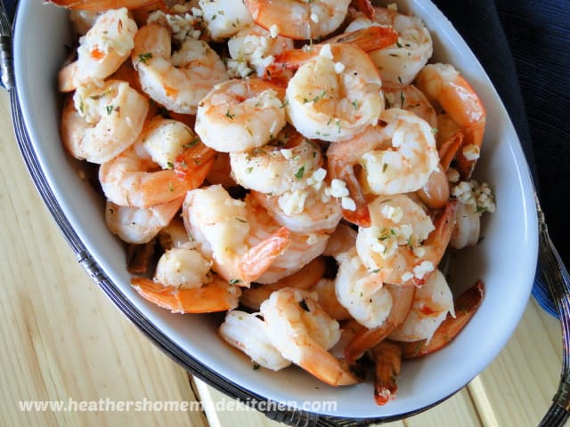 Garlic Butter Shrimp top view in oval white serving dish 