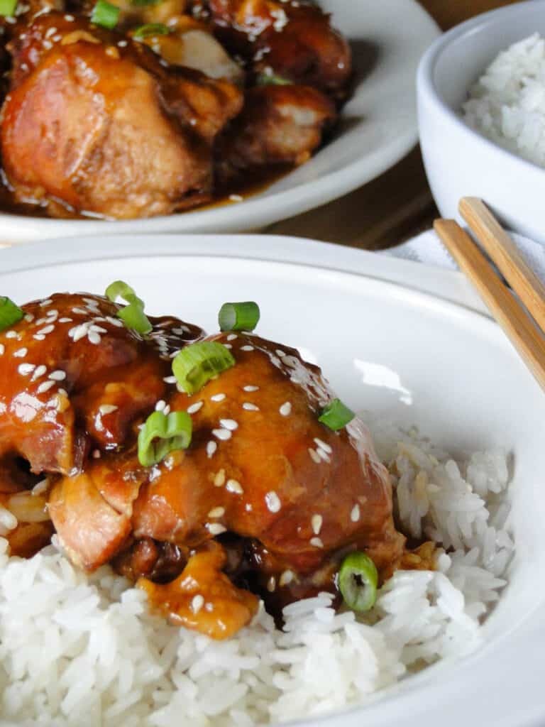 Close up view of instant pot teriyaki chicken over rice.