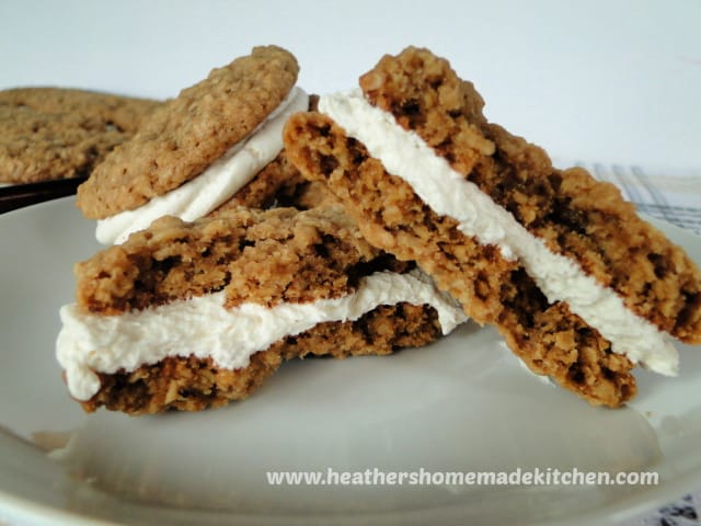 Close up inside view of Oatmeal Cream Pies broken in half.