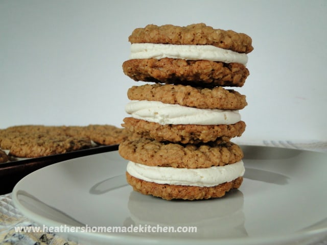 Side view of three Oatmeal Cream Pies stacked on top of each other.
