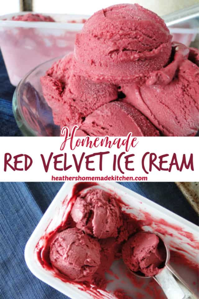 Homemade Red Velvet Ice Cream scoops in rectangle dish and close up view of scoops in clear bowl. 