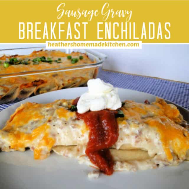 Sausage Gravy Breakfast Enchiladas on white round plate with salsa and sour cream