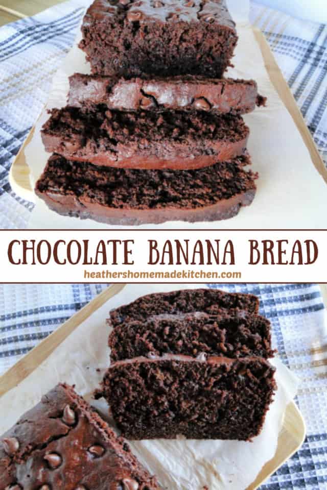Chocolate Banana Bread front view and top view of 3 slices. 