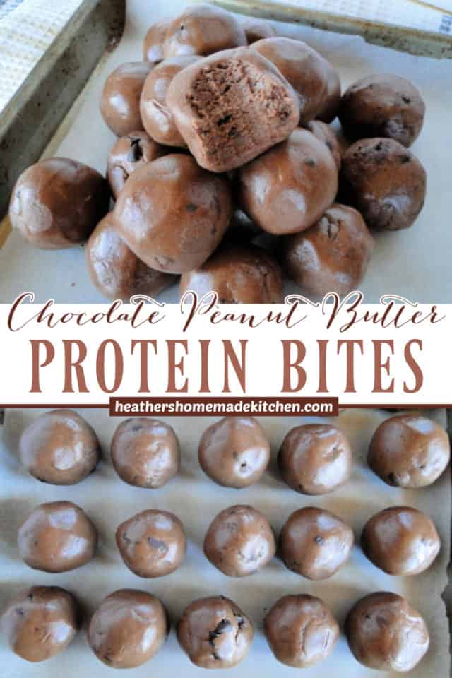 Chocolate Peanut Butter Protein Bites on sheet pan and piled with bite taken out of one.