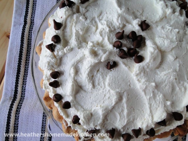 Chocolate Pudding Pie garnished with chocolate chips. 