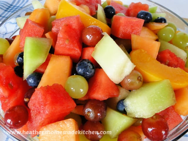 Summer Fruit Salad Summer Fruit Salad in clear glass bowl.