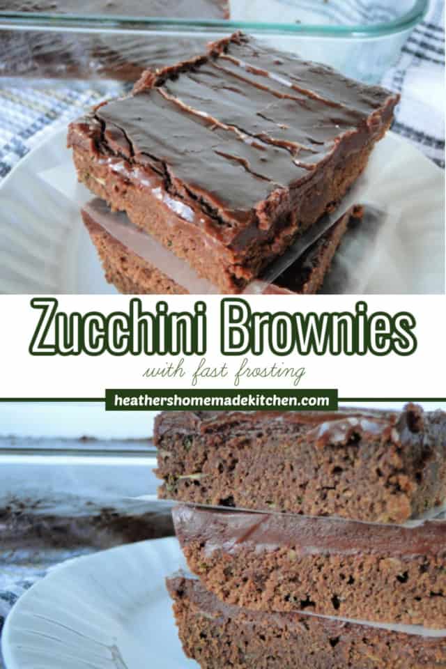 Zucchini Brownies with Fast Frosting top view and 3 slices stacked.