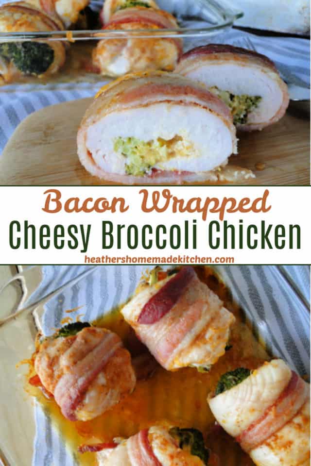 Bacon Wrapped Cheesy Broccoli Chicken sliced in half on bamboo board and top view in glass baking dish. 