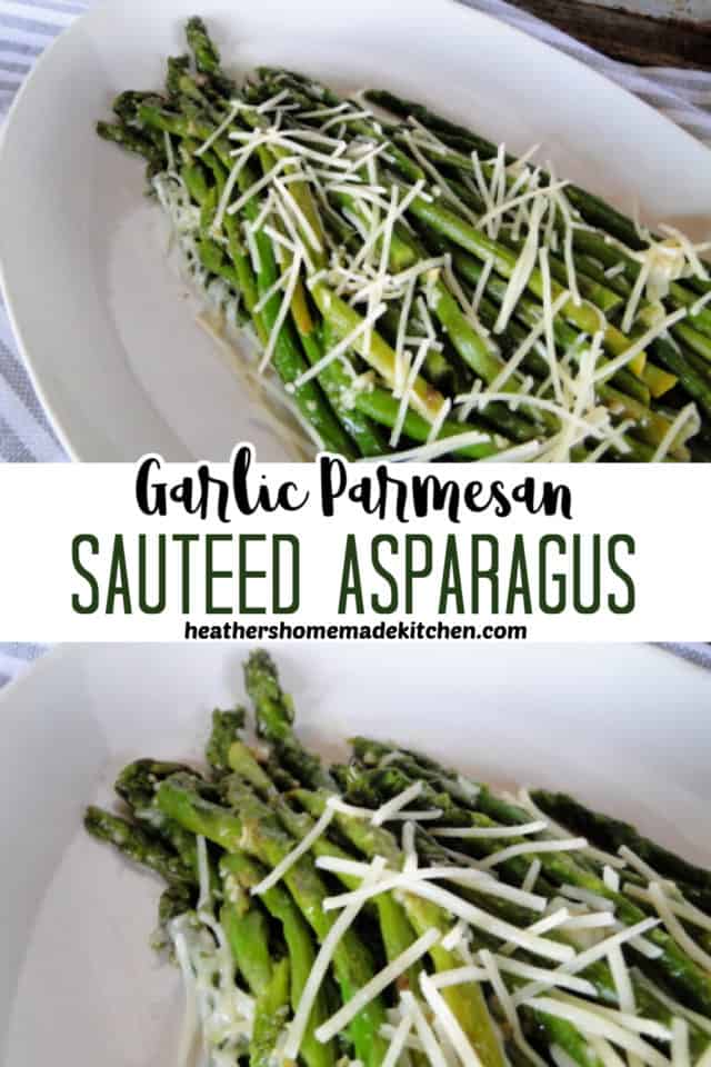 Garlic Parmesan Sauteed Asparagus side view and close view with extra cheese on top. 
