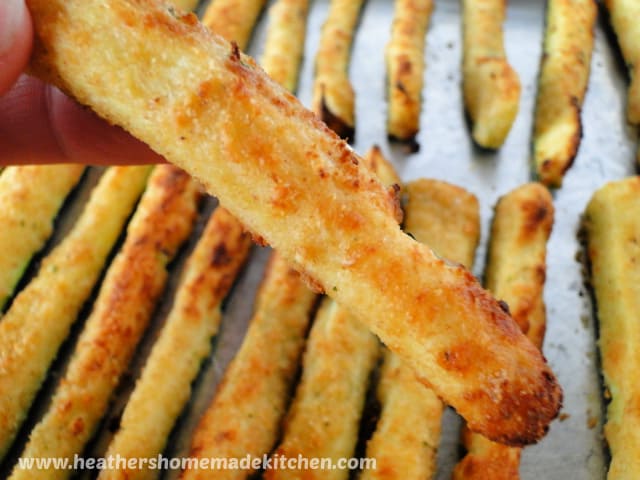 Close up view of one Air Fryer Zucchini Fries 