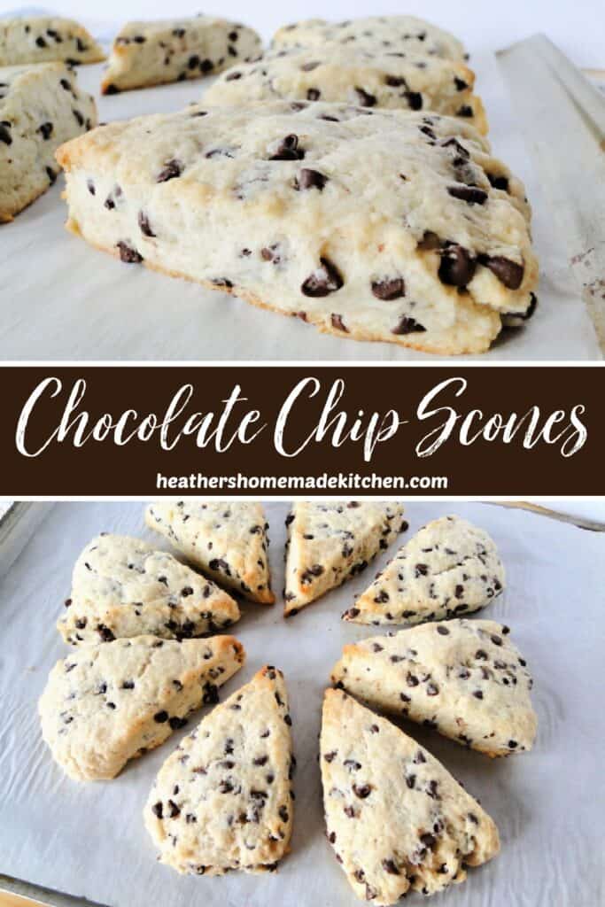 Chocolate Chip Scones arranged in circle and close up of side of scone. 