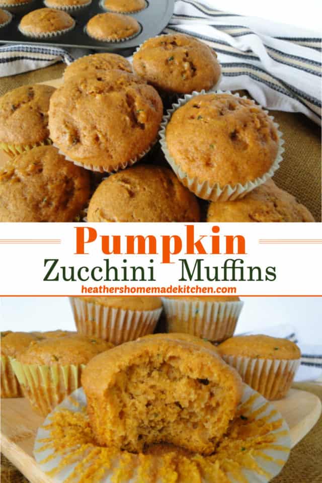 Pumpkin Zucchini Muffins piled high and close up view of bite taken out.
