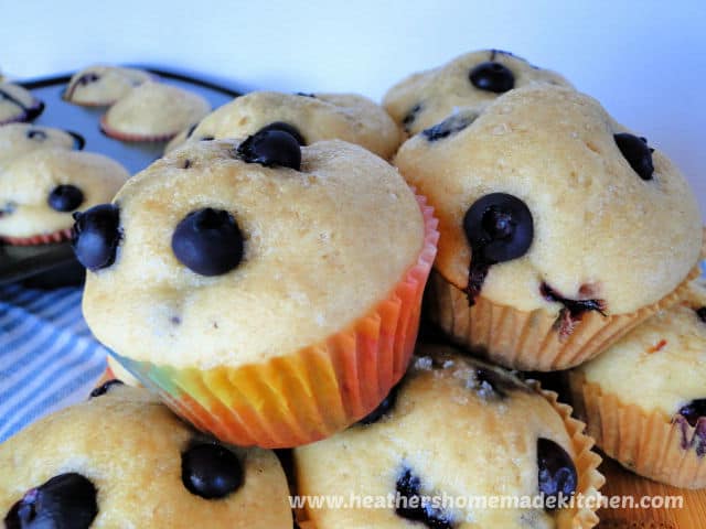 Close up of Easy Blueberry Muffins in a pile.