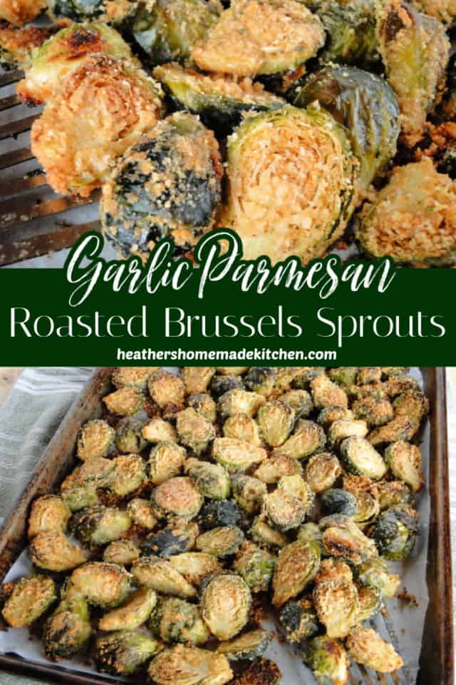 Roasted Garlic Parmesan Brussels Sprouts on sheet pan and close up view on spatula.