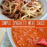 Simple Spaghetti Sauce on large pot and over spaghetti pasta in bowl.