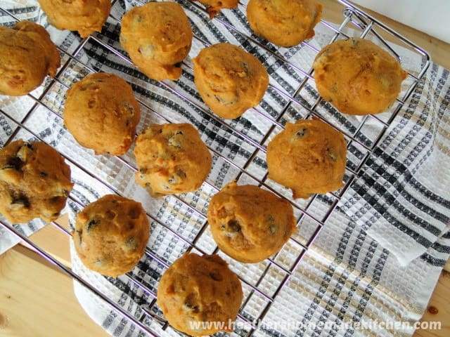 Top view of Soft Pumpkin Chocolate Chip Cookies on wire rack.