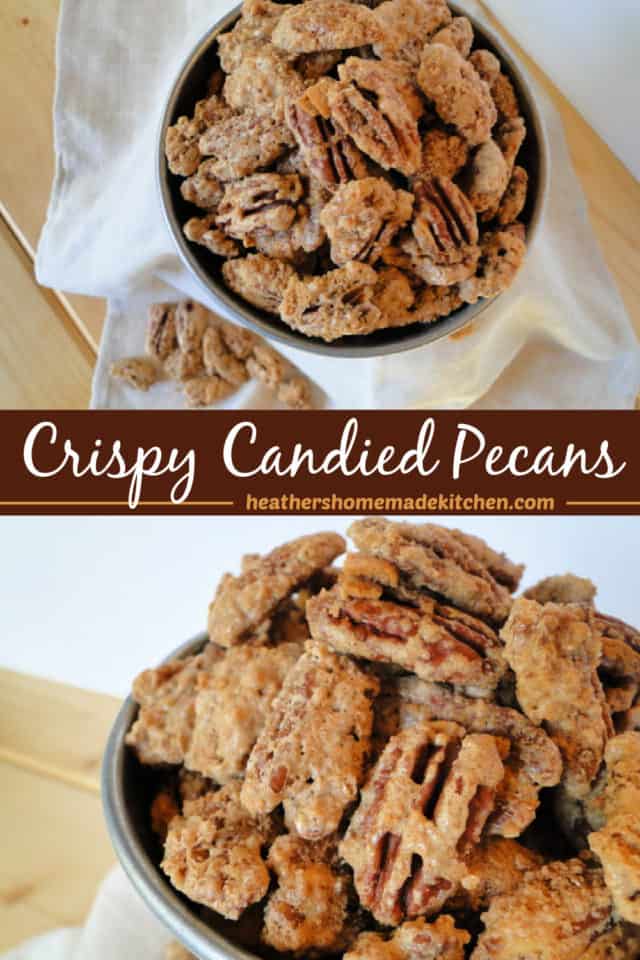 Top view and close view of Crispy Candied Pecans in metal tub.