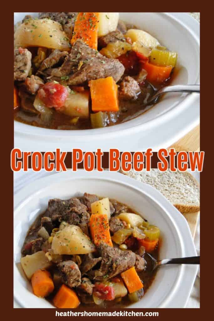 Crock Pot Beef Stew in white bowl and close up on spoon.