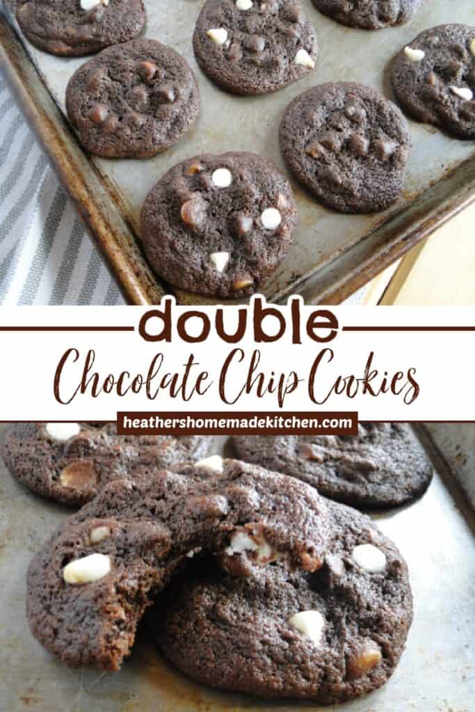 Double chocolate chip cookies on sheet pan and with a bite taken out of one cookie.