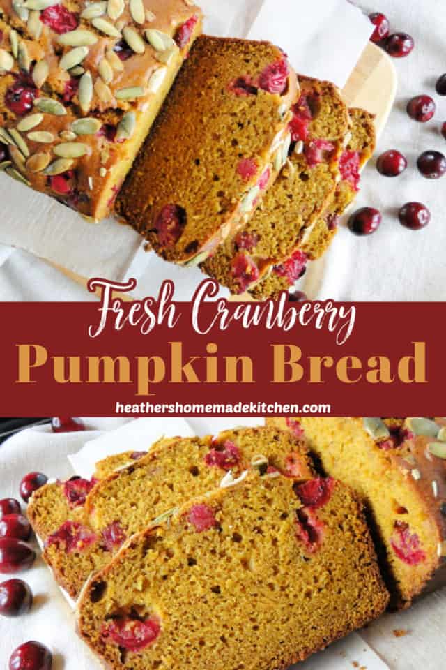 Top view of Fresh cranberry pumpkin bread and slices on board.