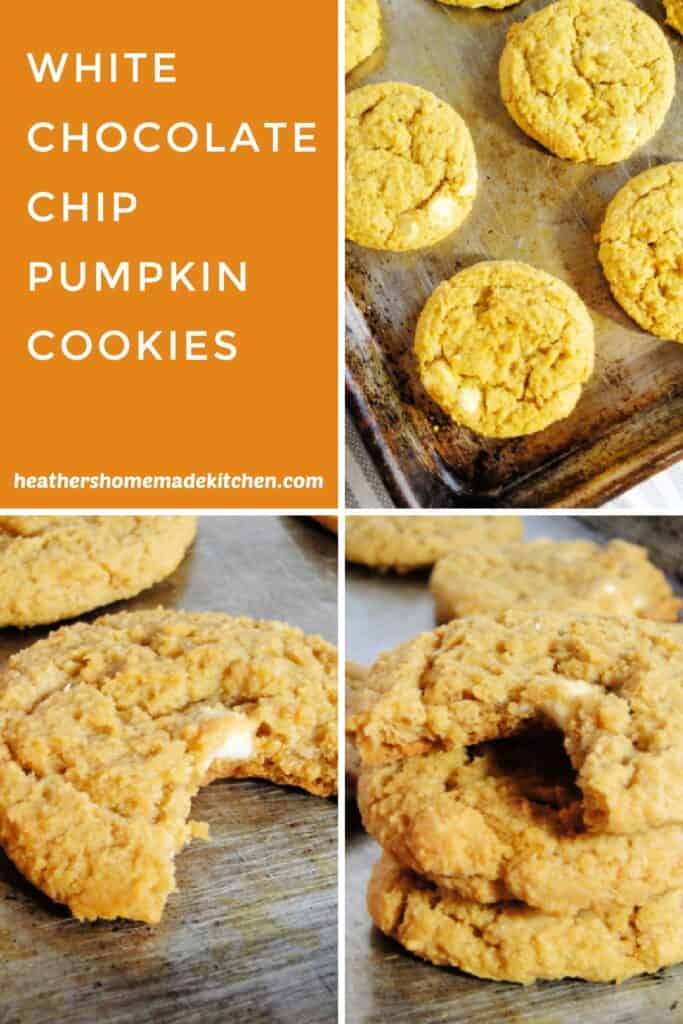 White Chocolate Chip Pumpkin Cookies on sheet pan and with bite taken.