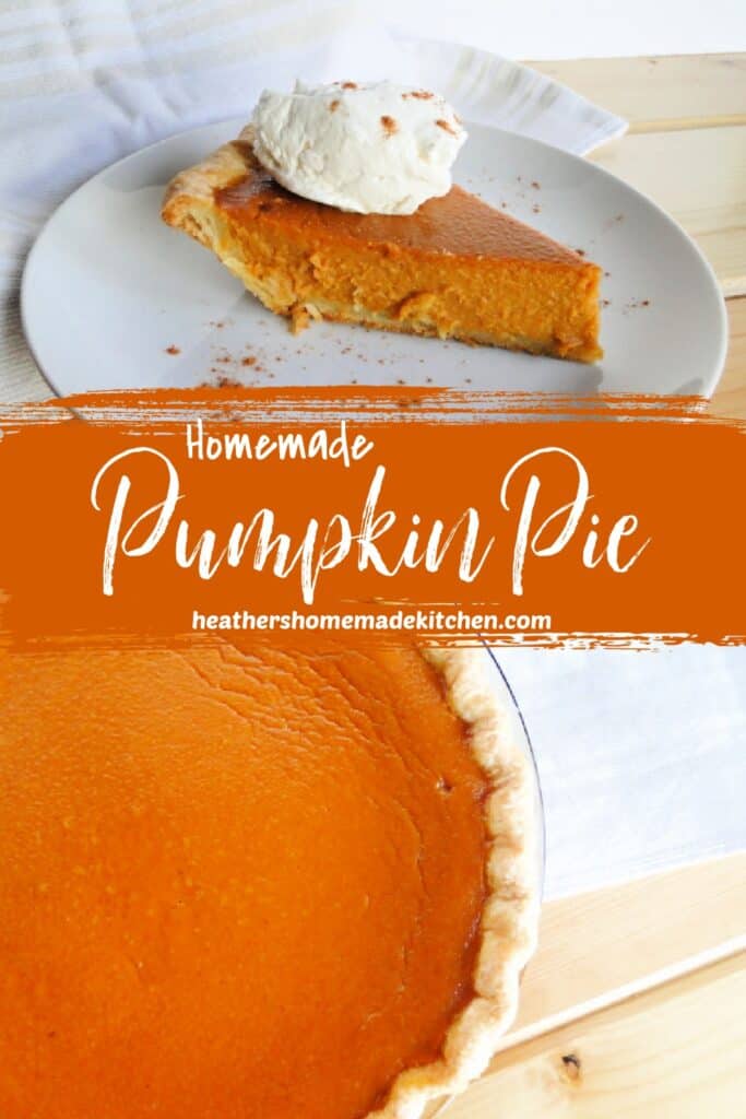 Slice of Homemade Pumpkin Pie Recipe with whipped cream and whole pie.