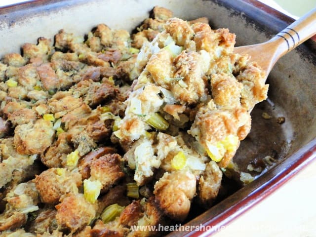 Homemade Stuffing Recipe on wooden spoon.