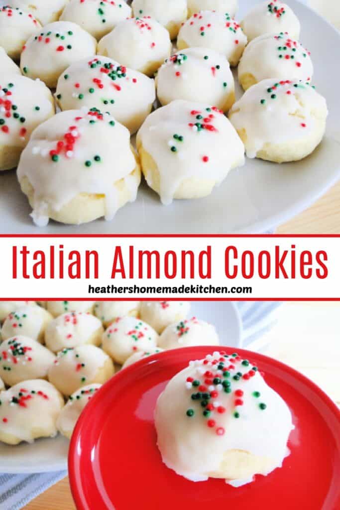 Italian Almond Cookies on white round plate and single cookie on red cookie plate. 