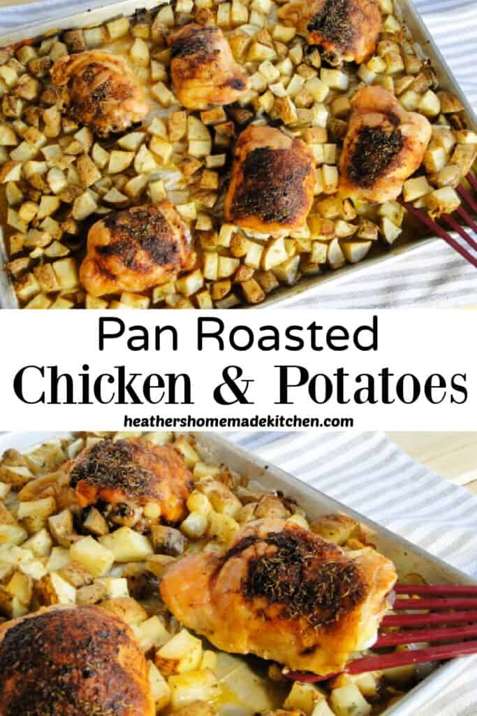 Top view and close up view of pan roasted chicken & potatoes on sheet pan.