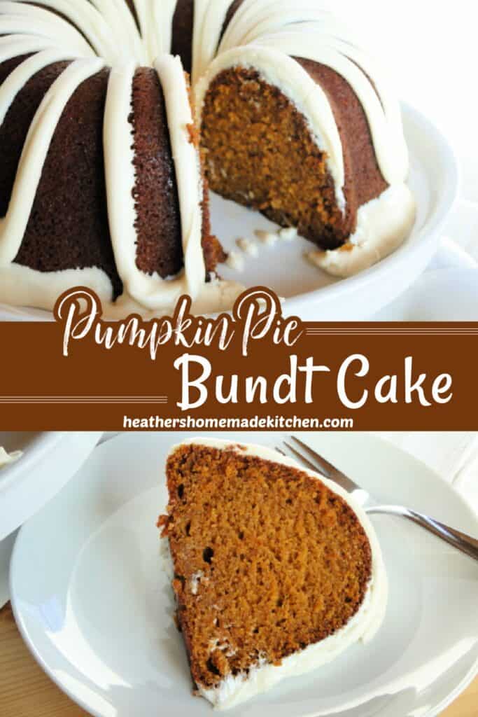 Pumpkin Pie Bundt Cake with slice taking out and slice of cake on white round plate with fork. 