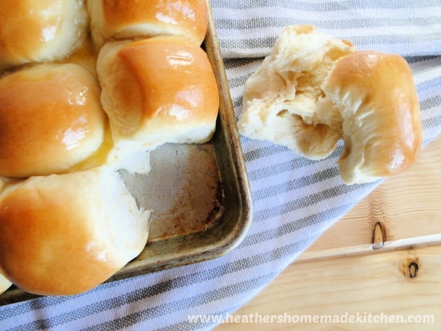 Easy Dinner Rolls with one roll cut in half on side of pan. 