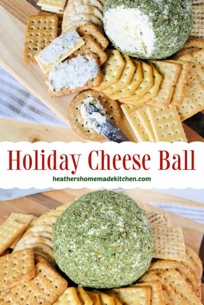 Holiday Cheese Ball in middle crackers and some spread on crackers with cheese spreader.