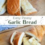 Easy Peasy Garlic Bread sliced on board and open faced to show inside of bread.