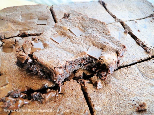 Classic homemade brownies sliced in baking dish with one sitting on top with bite taken out. 