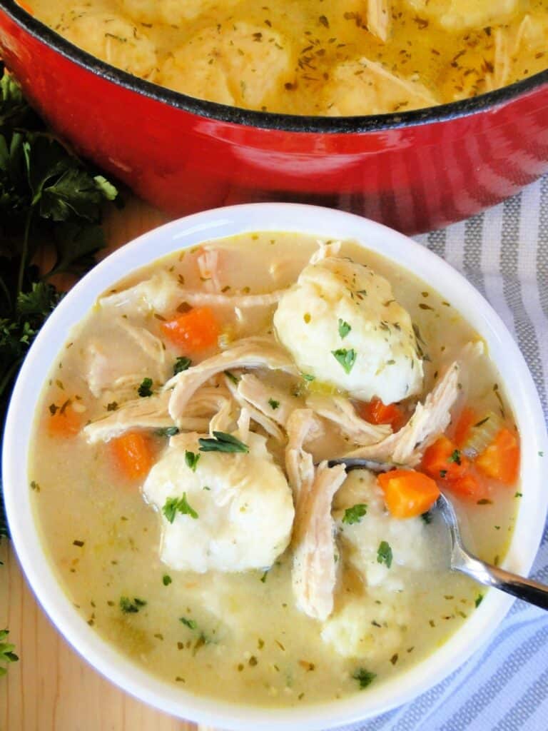 Top view of chicken dumpling soup in white bowl with spoonful in front of large red pot full of soup. 