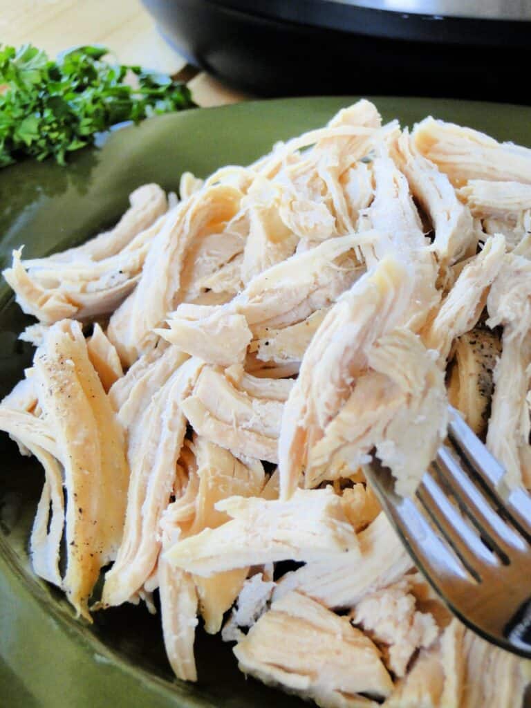 Close up view of Instant Pot Shredded Chicken on green platter with chicken pieces on fork.