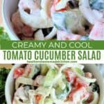 Top view and close up view of easy creamy cucumber salad with onions in bowl.
