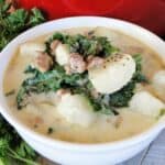 Bowlful of Easy Zuppa Toscana Soup in white bowl.