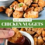 Air fryer chicken nuggets on blue plate and one nugget being dipped in bbq sauce.