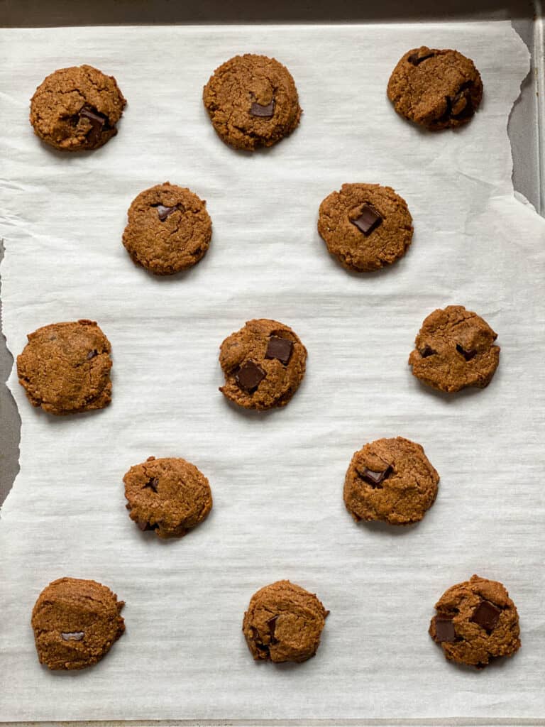 Baked cookies on cookie sheet.