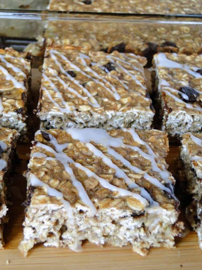 Close up view of banana chocolate chip oat squares.