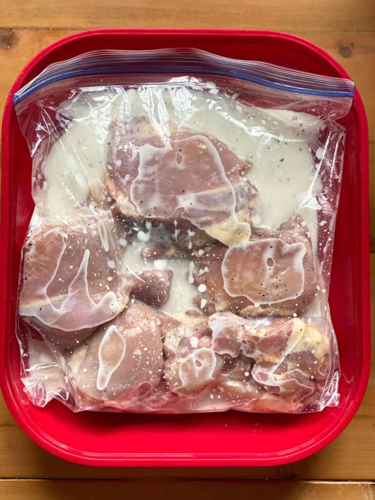 Chicken thighs in zip top bag marinating.