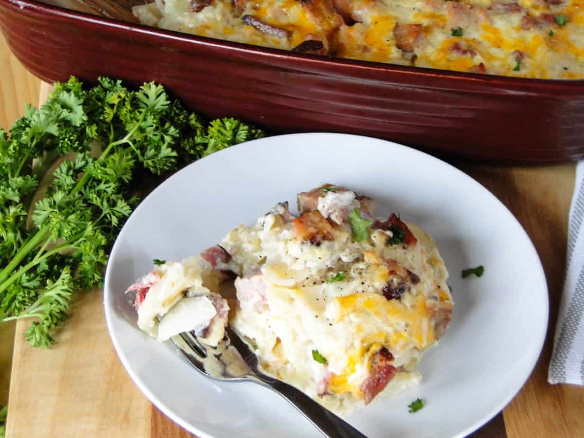 Side view of scalloped potatoes and ham on white round plate.