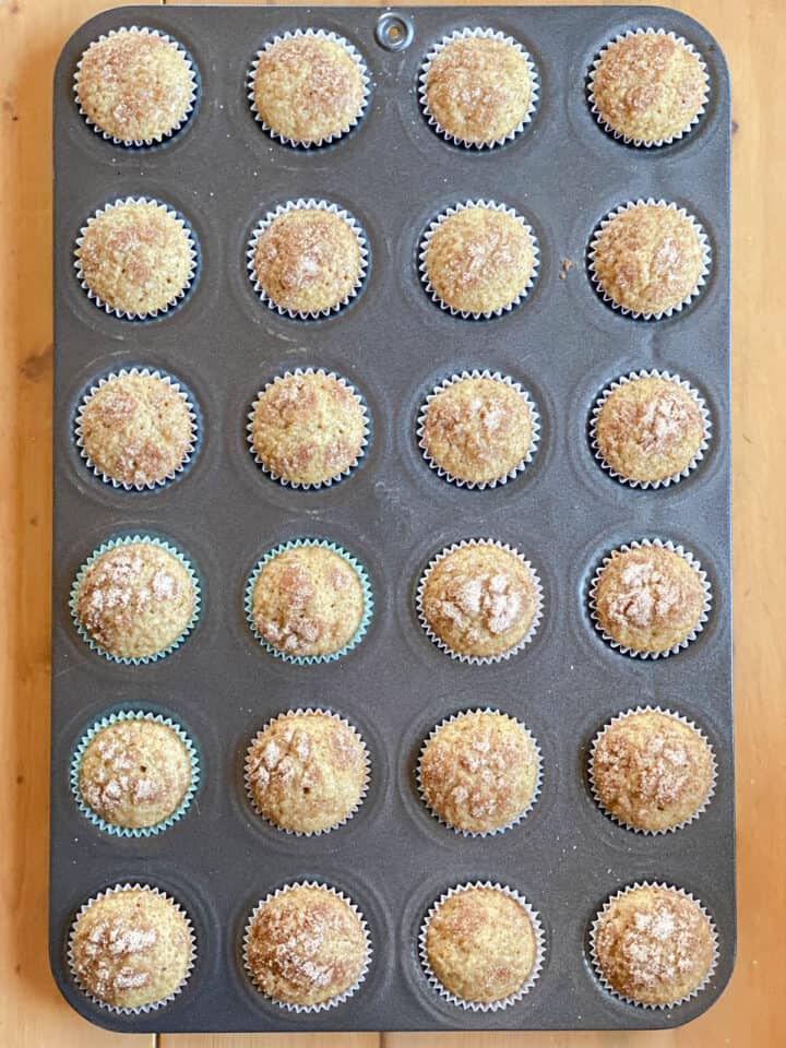 Baked mini muffins in lined mini muffin pan.