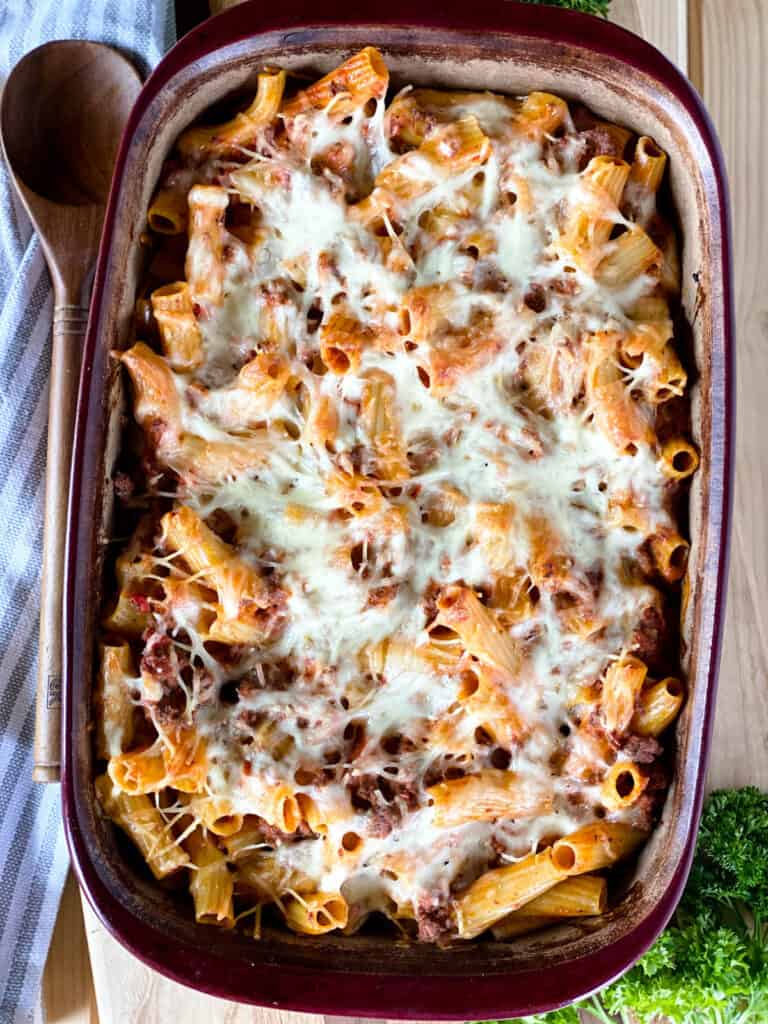 Top view of baked rigatoni casserole.