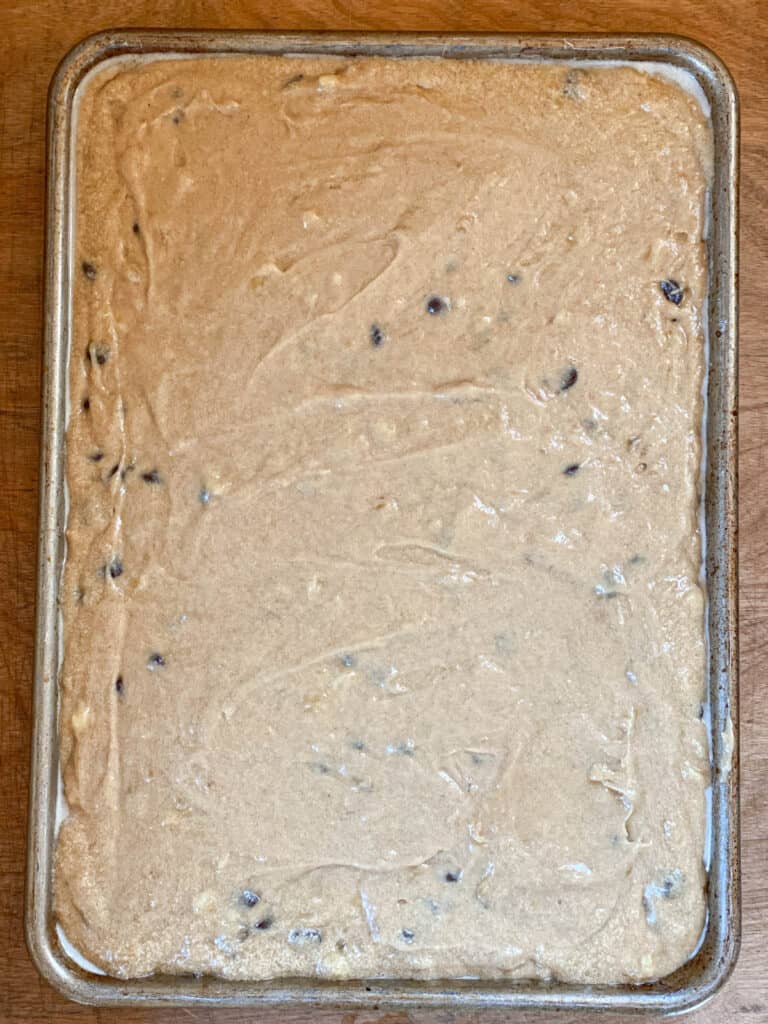 Blondie batter in pan and ready to be baked.